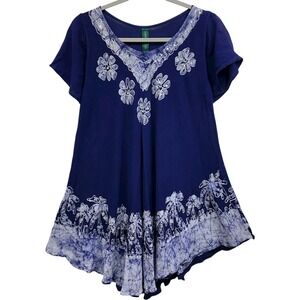 Sunflower‎ Top Womens One Size Blue Boho Tunic V Neck Beaded Palm Trees Beach